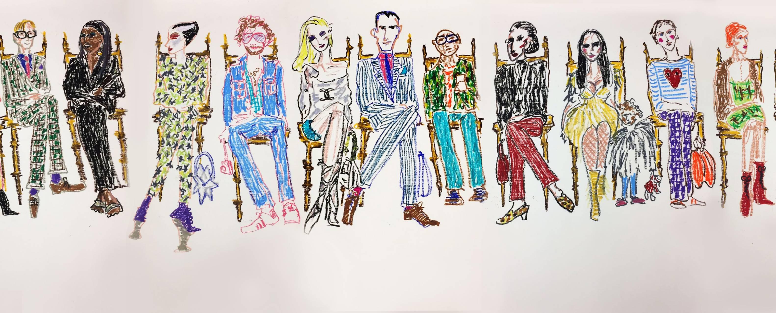 Manuel Santelices Figurative Art - Front Row 2, one of a kind oil pastel fashion illustration
