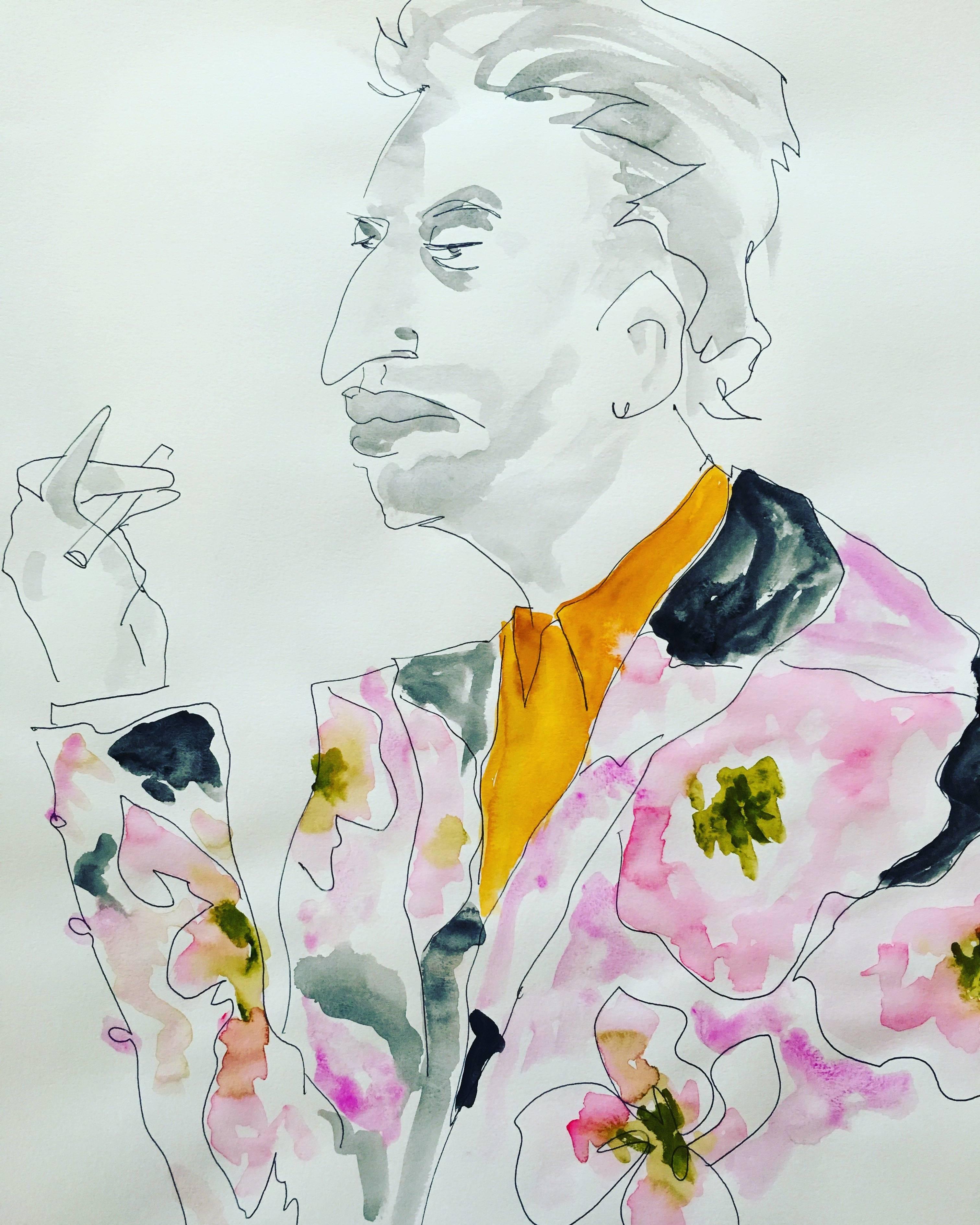 Manuel Santelices Figurative Art - Serge Gainsbourg in Dries van Noten Watercolor Portrait