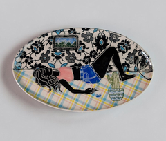 Eve in Repose, Hand built sculpture plate with sgraffito and collaged transfer