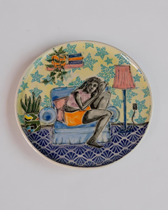 Dreaming in Technicolor, Hand built plate with sgraffito and collaged transfer
