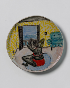 Melancholy Remedy, Hand built plate with sgraffito and collaged transfer