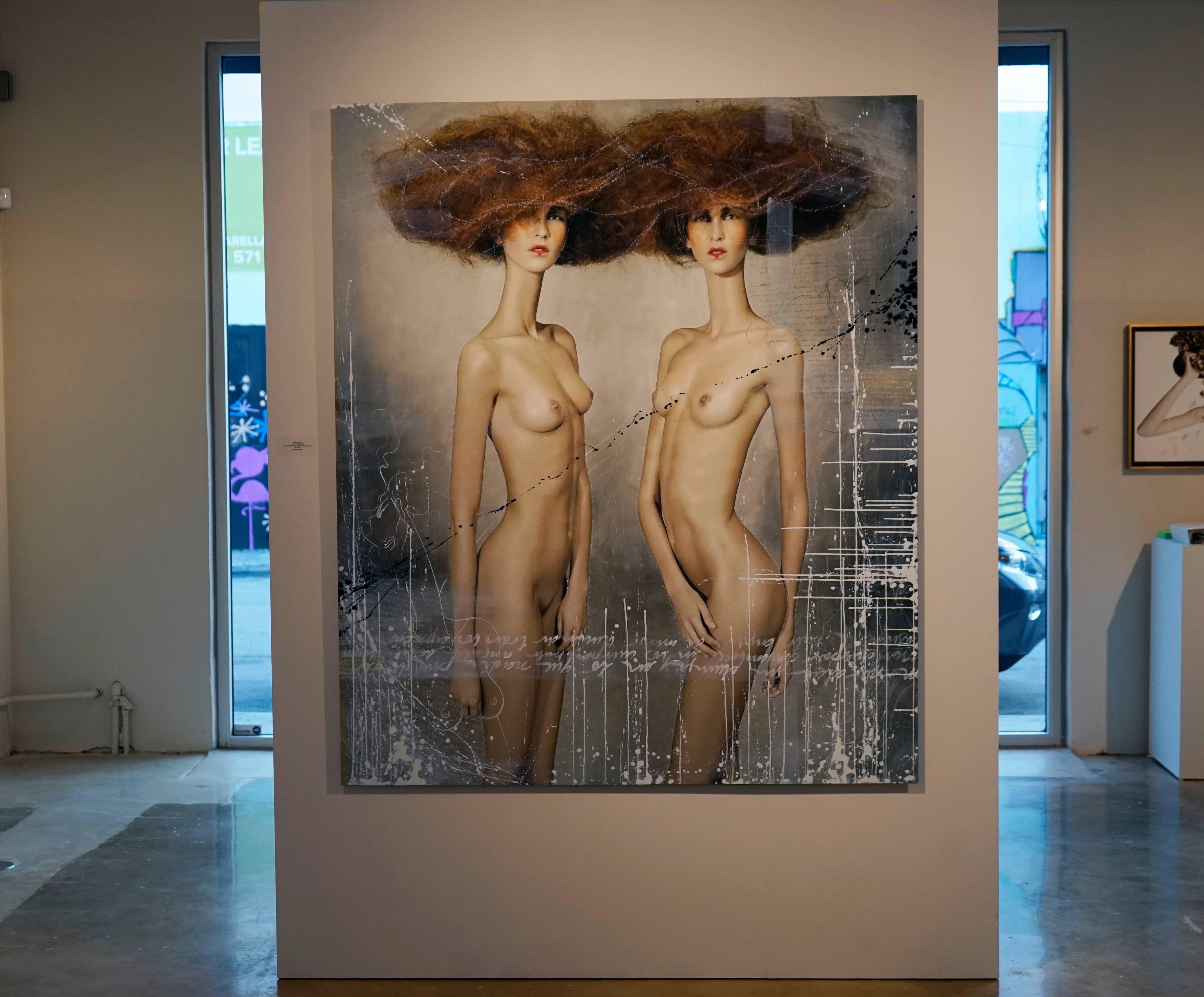 Twins Naked by Efren Isaza
67 x 57 inches
Archival pigment photograph mounted on aluminum, intervened with paint, ink and intentionally scratched by the artist 
Signed, titled, dated and annotated in pencil on the reverse
Acquired from the