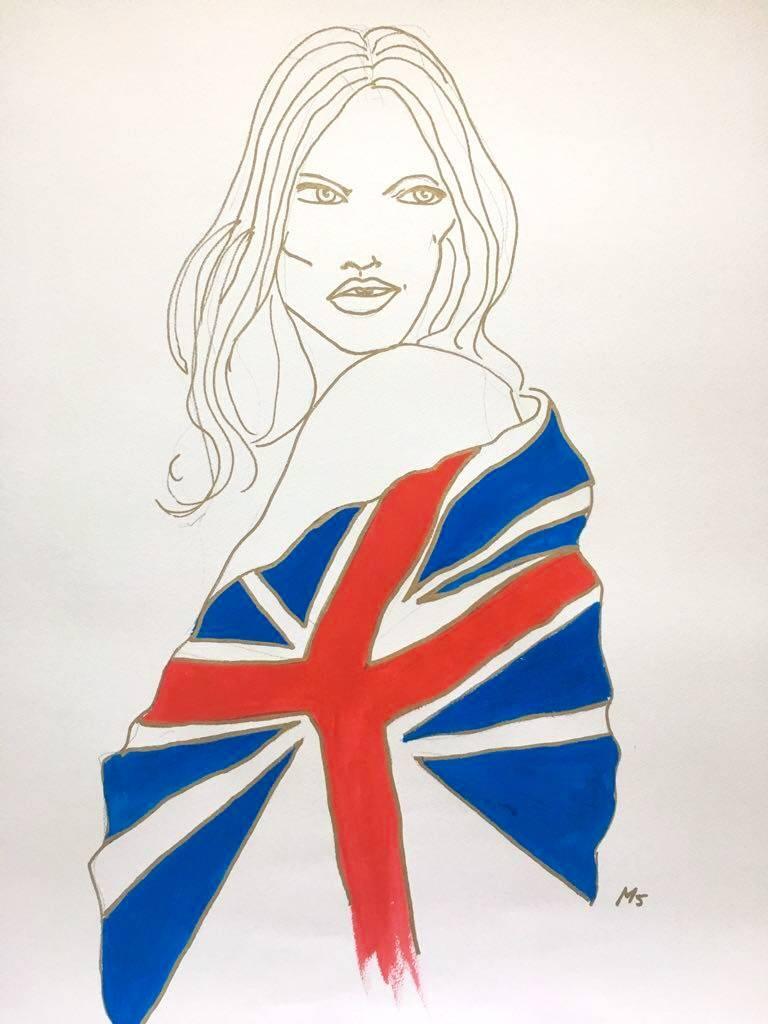 Manuel Santelices Portrait Painting - Union Jack Kate Moss, Watercolor and Gold Pen on Archival Paper