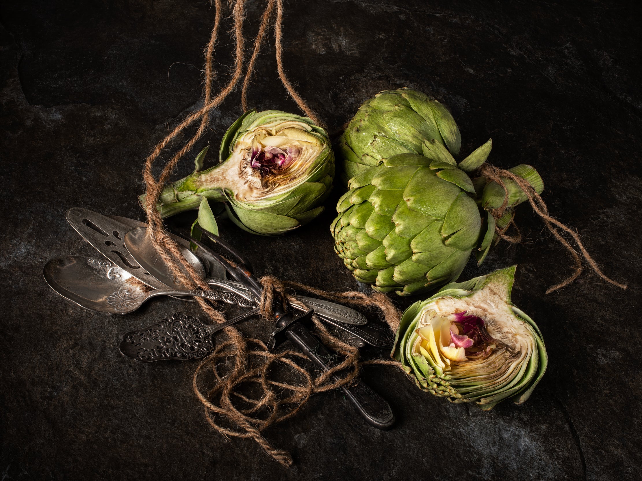Artichokes with strings still life. From The Bodegones Series