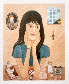 Autoportrait : L'âge d'or, aquarelle contemporaine, signée