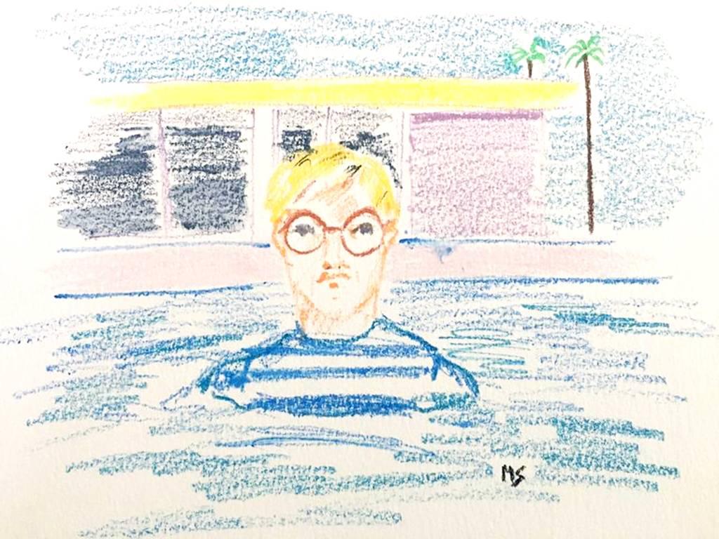 Manuel Santelices Portrait Painting - David Hockney in the pool, oil pastel on archival paper