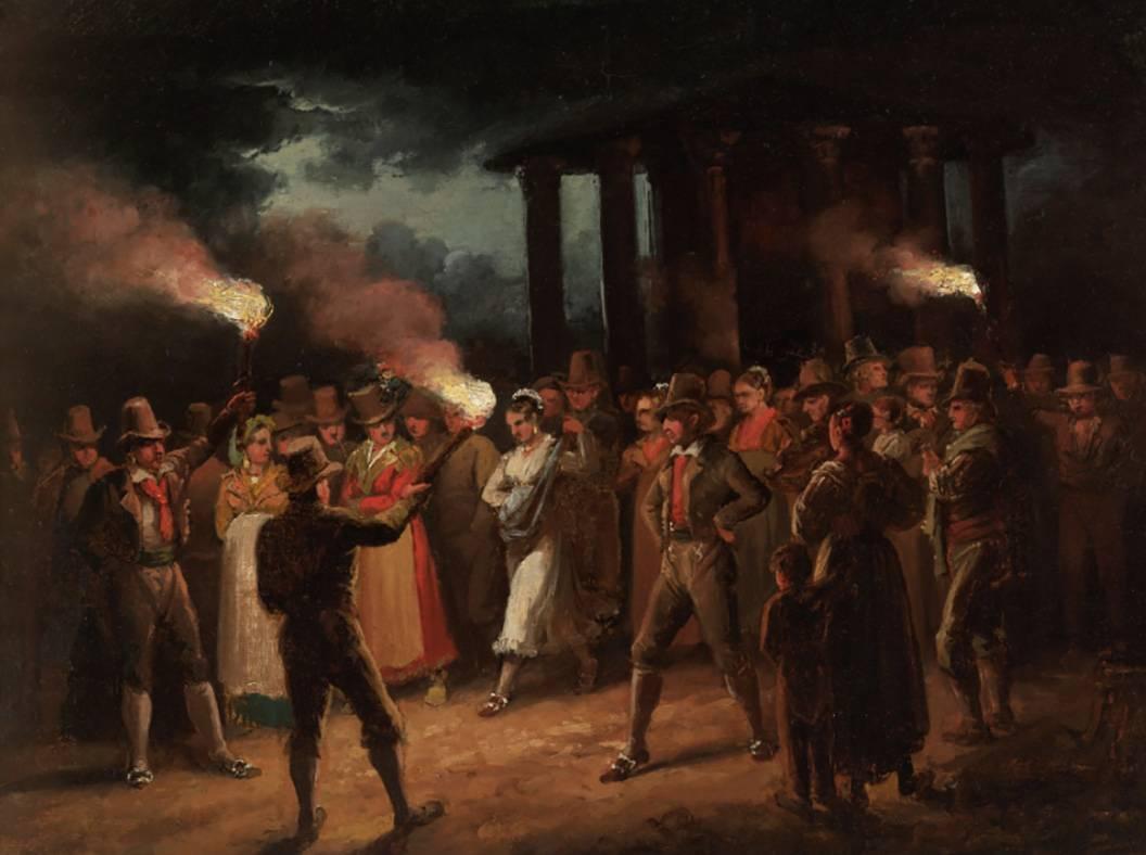 Bartolomeo Pinelli Figurative Painting - REVELERS IN FRONT OF THE TEMPLE OF HERCULES, ROME