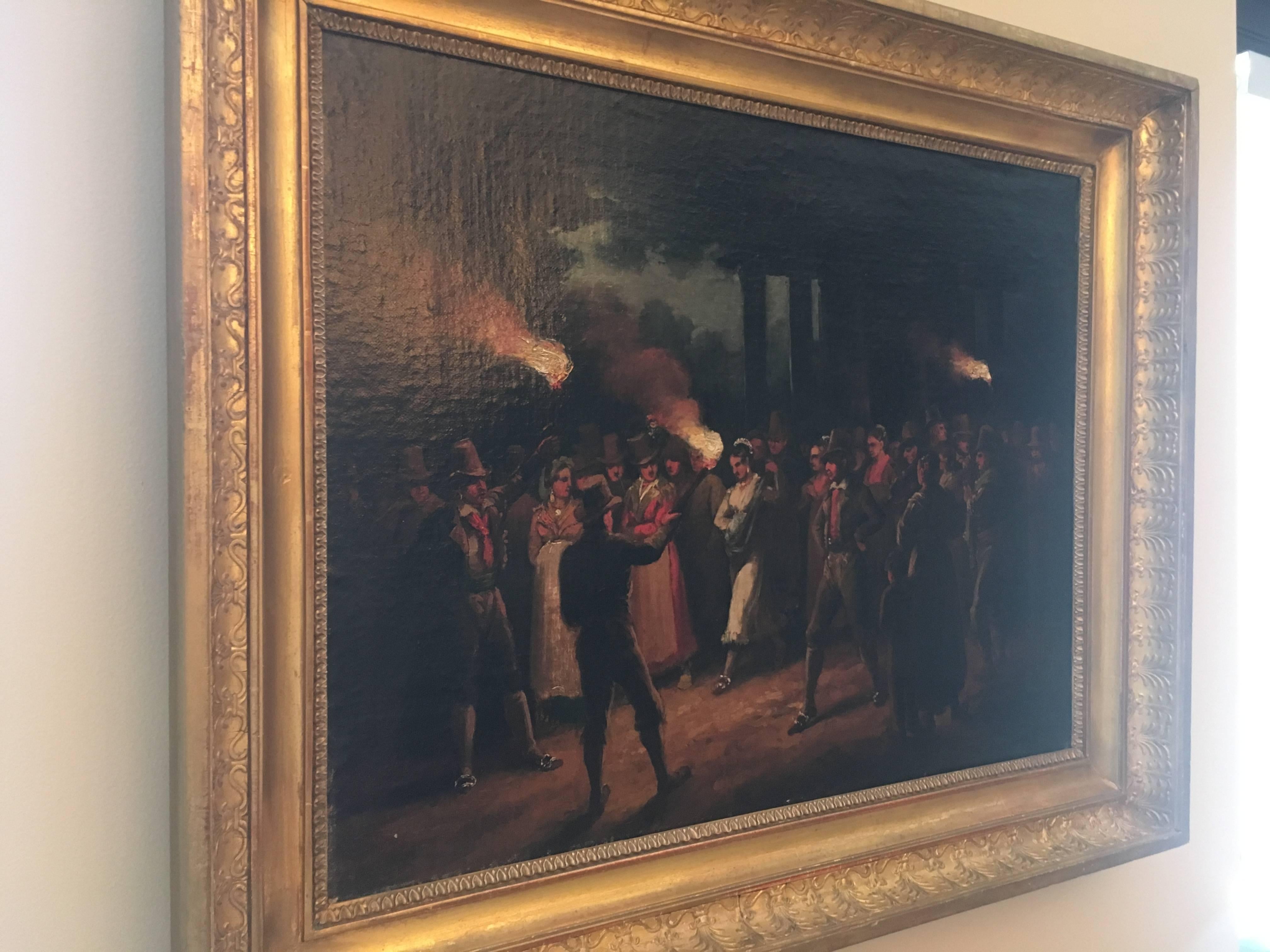 ATTRIBUTED TO BARTOLOMEO PINELLI
ROME 1781-1835

REVELLERS IN FRONT OF THE TEMPLE OF HERCULES, ROME 
oil on canvas
15 3/8 by 20 in.; 39.1 by 50.8 cm

The surface is in generally good condition aside for craquelure, slight frame abrasion and possible