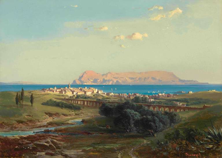 Fritz Bamberger Landscape Painting - View across Algeciras to the Rock of Gibraltar