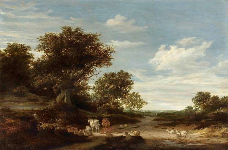 Jacob Salomonsz van Ruysdael Landscape Painting - Landscape with gracing cows and sheep
