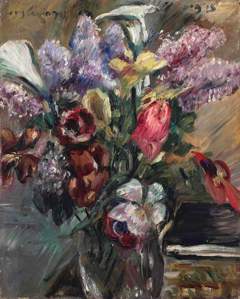 Lovis Corinth (1858 Tapiau/Ostpreußen – 1925 Zandvoort/Holland)
Still Life with lilac, calla and tulips
Dated 1915 
Oil on canvas; H: 62, B: 50 cm
Signed u.l.: Lovis Corinth; dated u.r..: 1915.
Catalogue Raisonné no. 647

PROVENANCE: Galerie