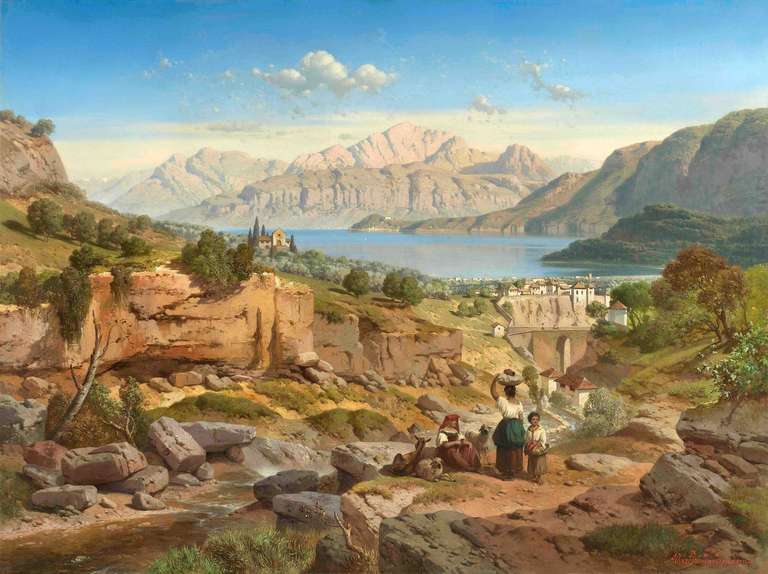Albert August Zimmermann Landscape Painting - View over Bellagio to the lake of Como