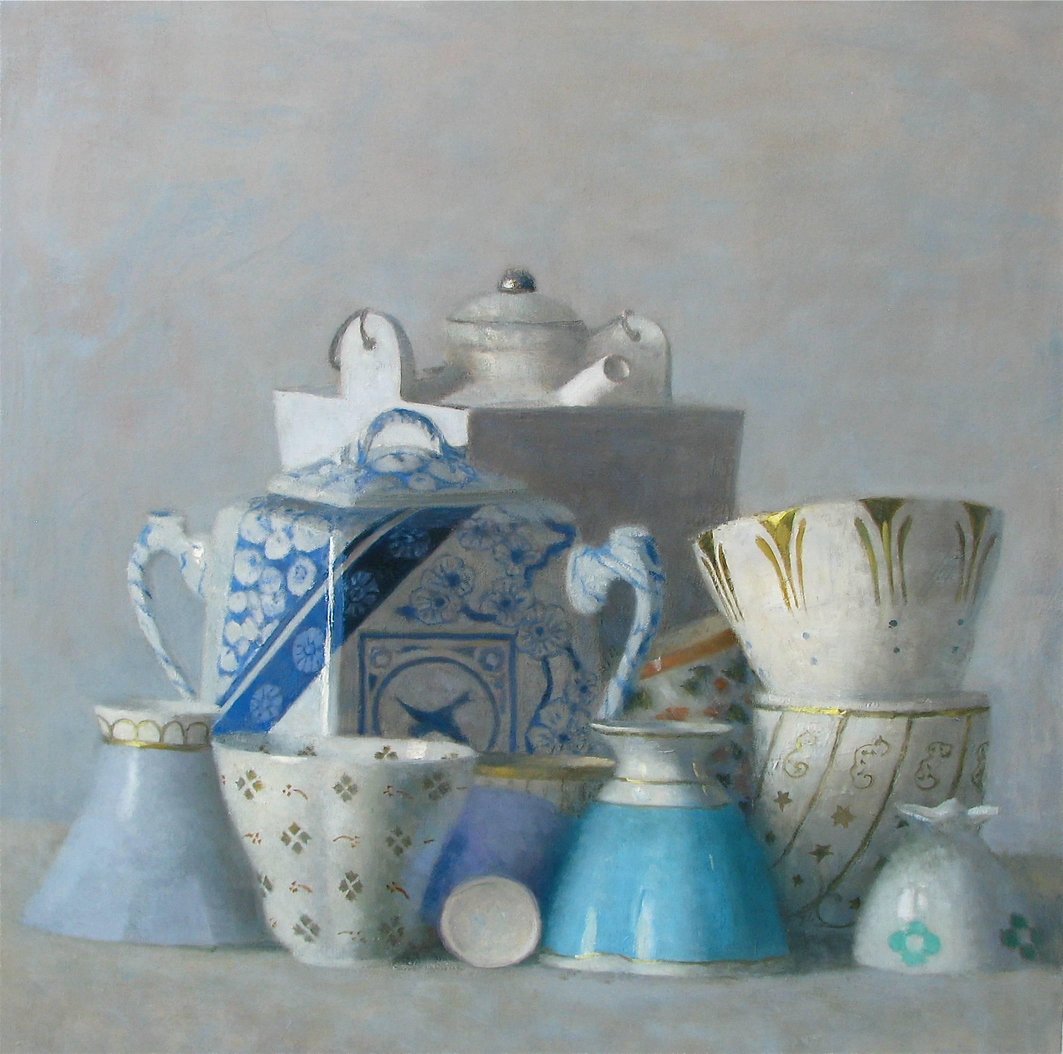 Olga Antonova Still-Life Painting - "Still Life of Blue Cups and White Sugar Dish on Blue"