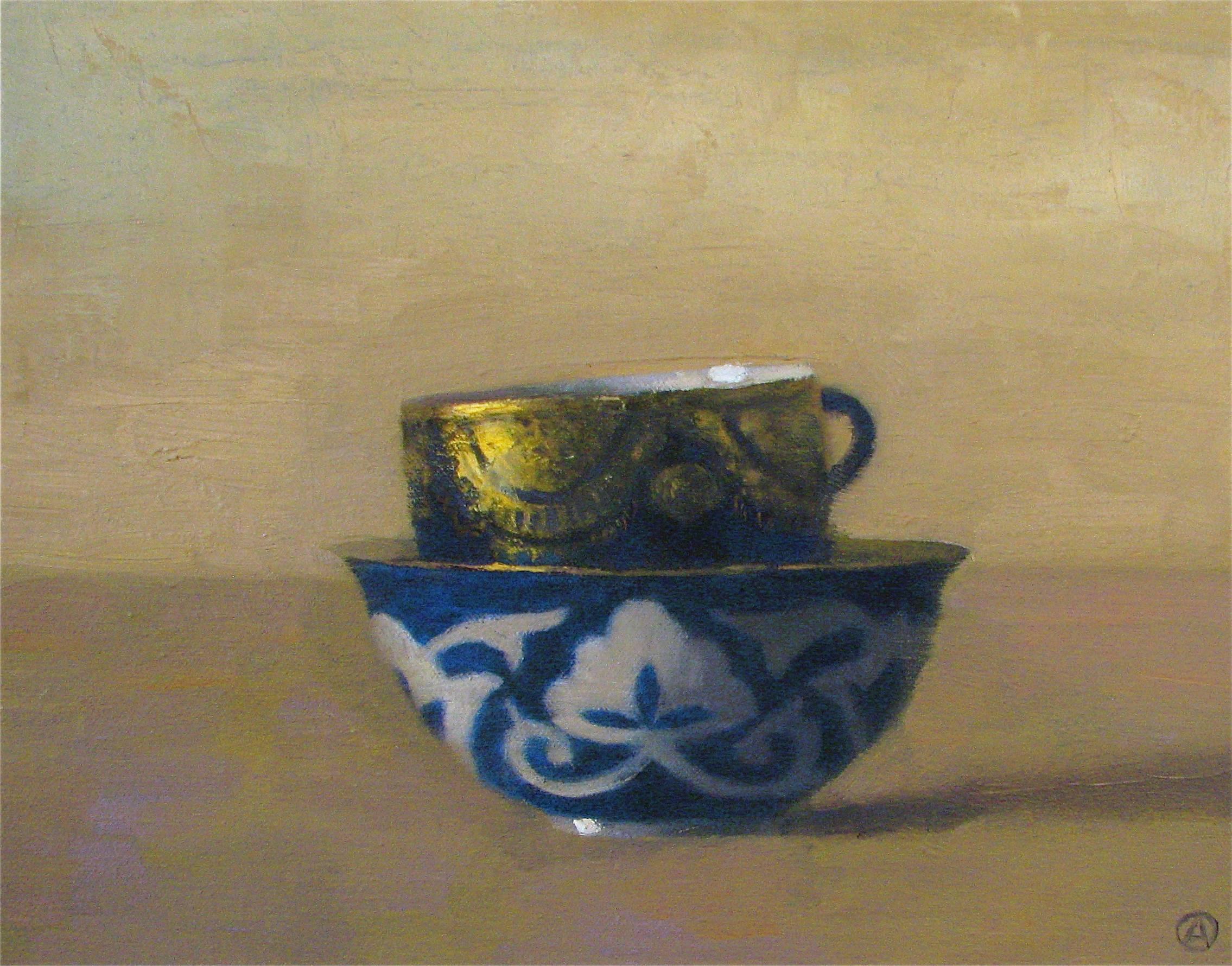 Olga Antonova Still-Life Painting - "Elegant Still Life of Uzbek Cup with Russian Blue and Gold Cup"