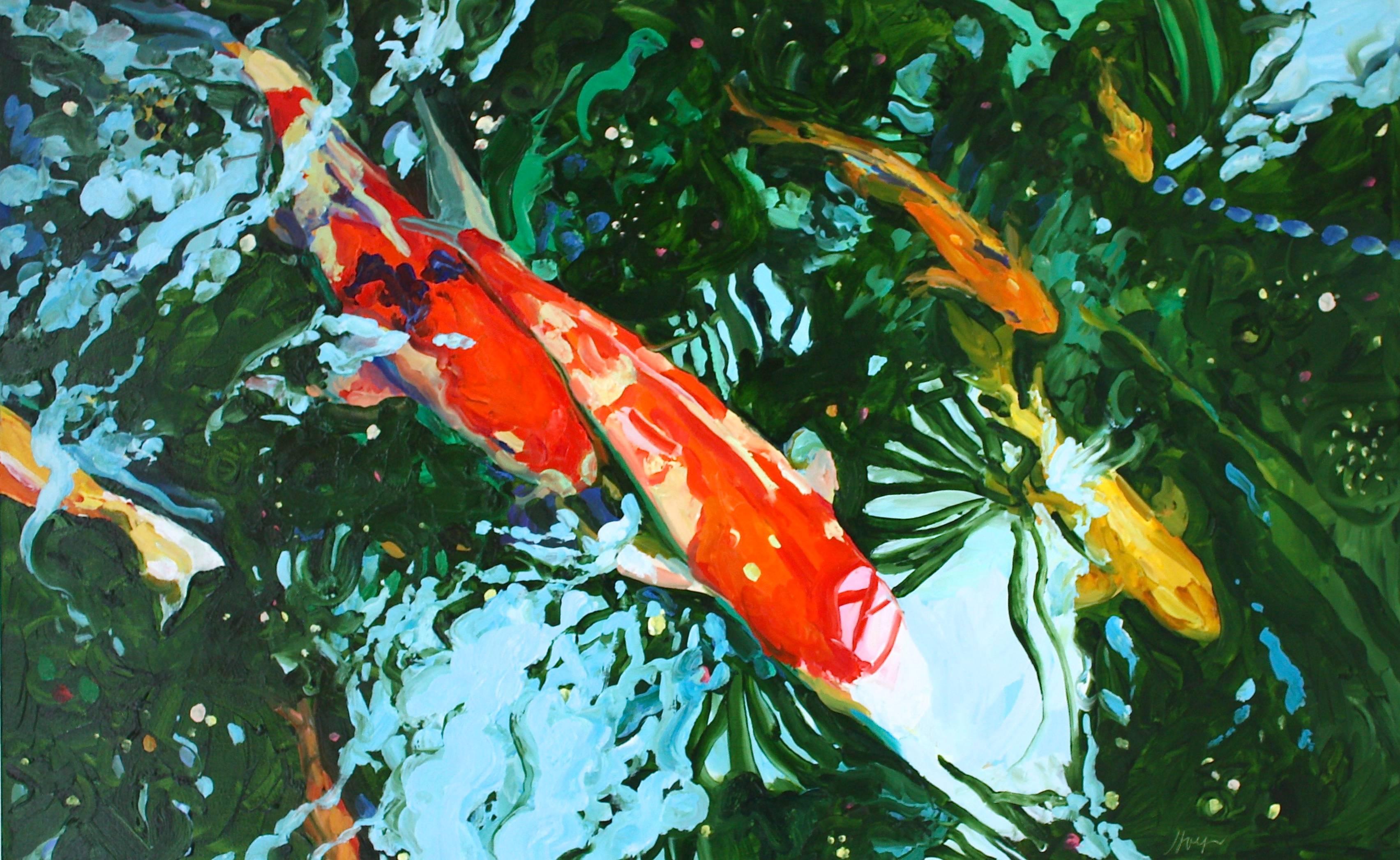 Linda Holt Landscape Painting - "Seven Koi 16"   Bright Red, Orange, Yellow Fish Swimming Underwater, Green/Blue