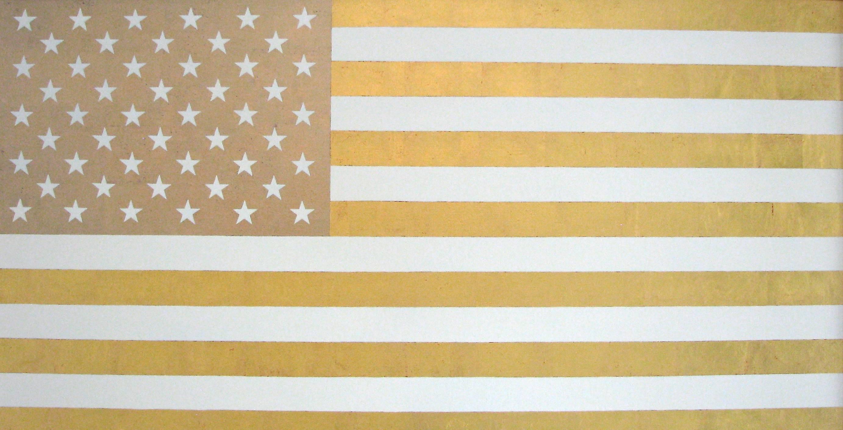 Charlotte Andry Gibbs Abstract Painting - "U.S. Flag in White and Gold"  Americana, Pop, 23 Karat Gold Leaf, Contemporary 