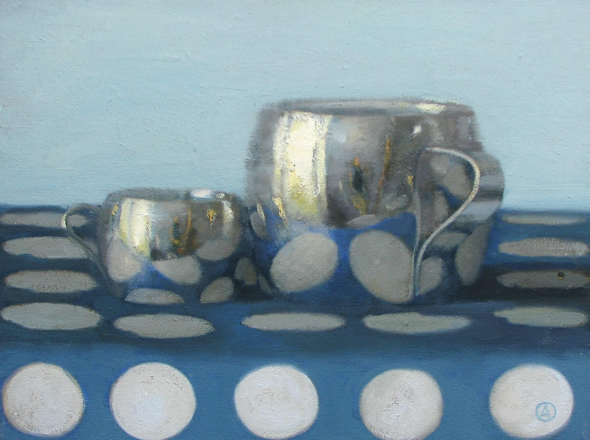 Olga Antonova Still-Life Painting - Two Silver Cups on White Polka Dots