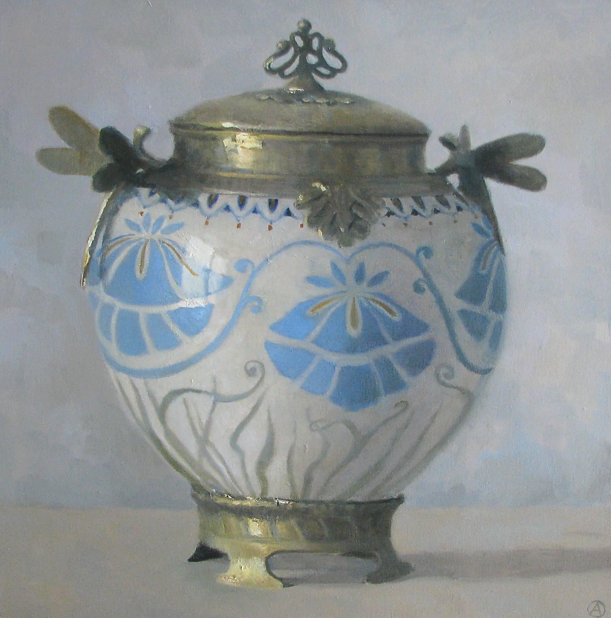 Olga Antonova Still-Life Painting - "Elegant Still Life of Gold and White Art Nouveau Vase with Blue Flowers"