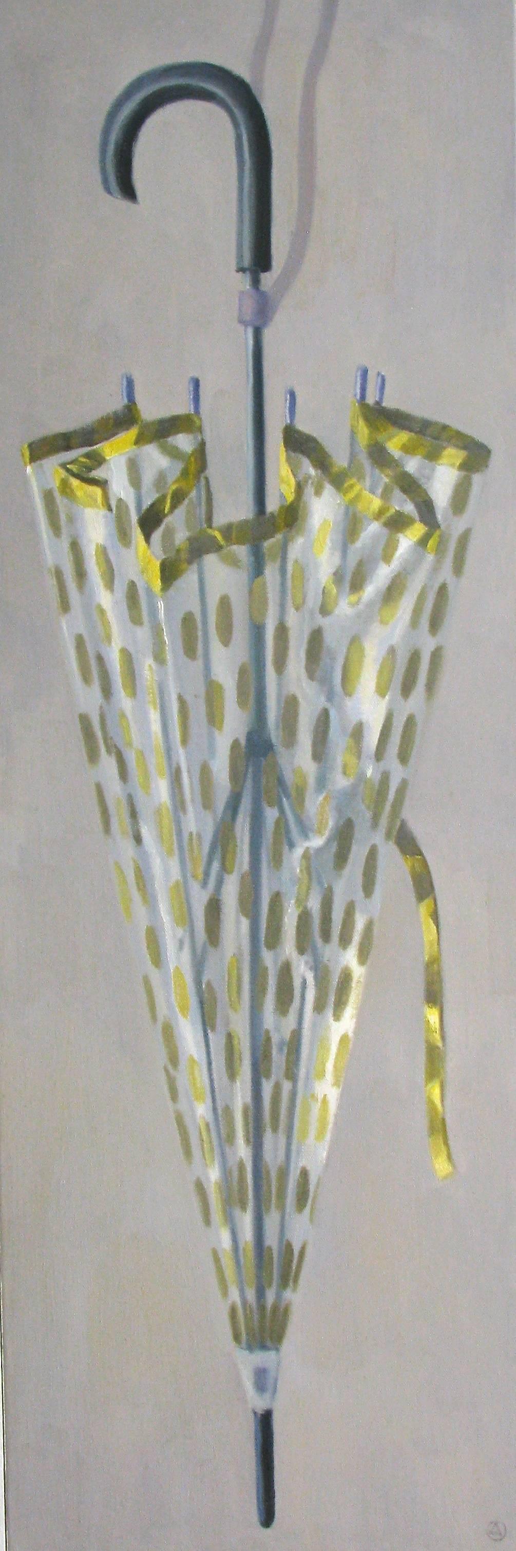 Still-Life Painting di Olga Antonova - "Elegante natura morta di ombrello con pois dorati".
