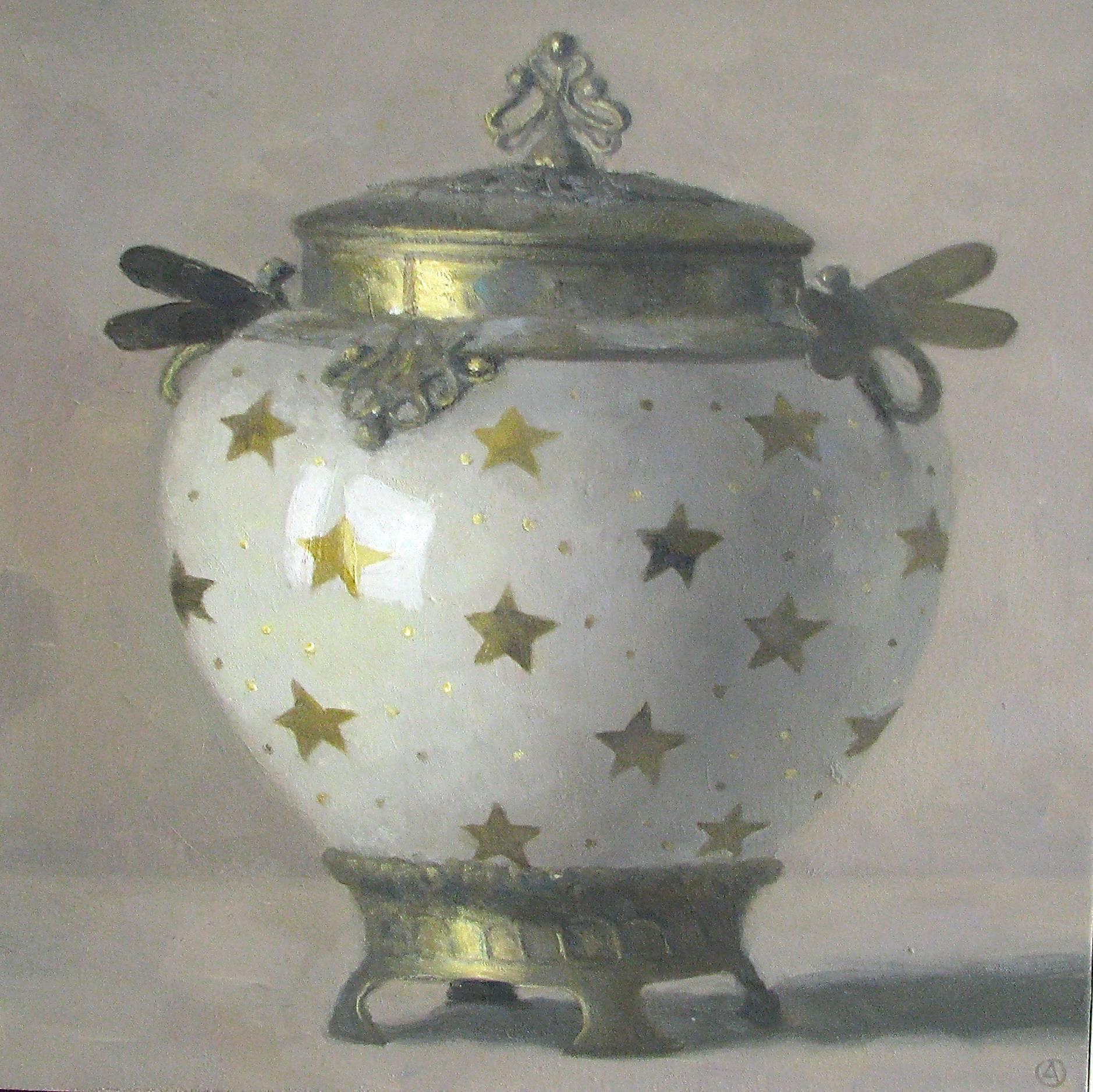 Olga Antonova Still-Life Painting - "Elegant Still Life of White and Gold Art Nouveau Vase with Golden Stars"