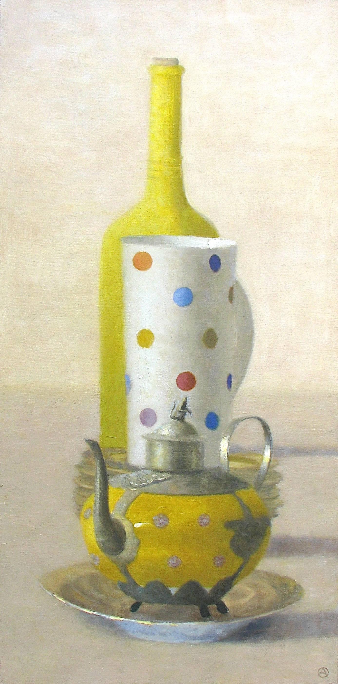 "Elegant Still Life of Yellow Bottle and Teapot, and Polka Dot Cup"