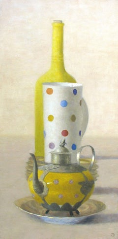 "Elegant Still Life of Yellow Bottle and Teapot, and Polka Dot Cup"