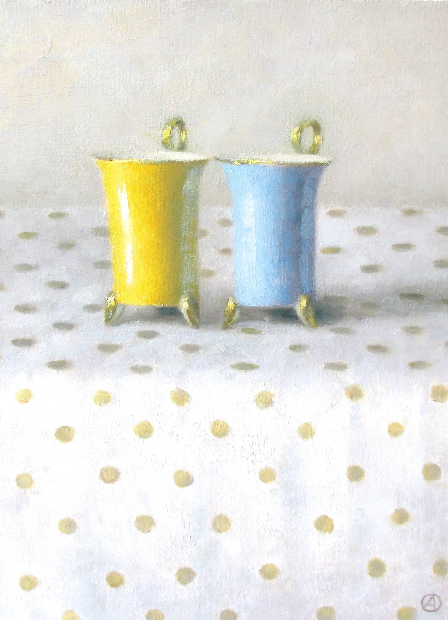 Olga Antonova Still-Life Painting - "Elegant Still Life of Yellow and Blue Cups on Polka Dots"