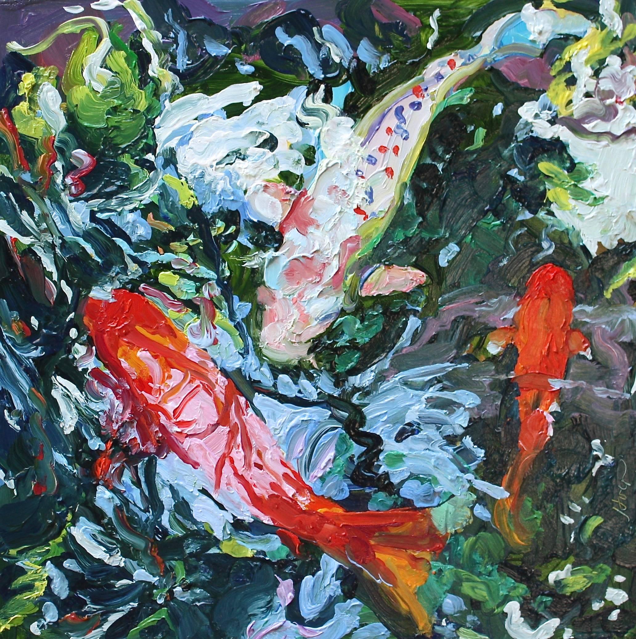 Linda Holt Animal Painting - Three Koi July