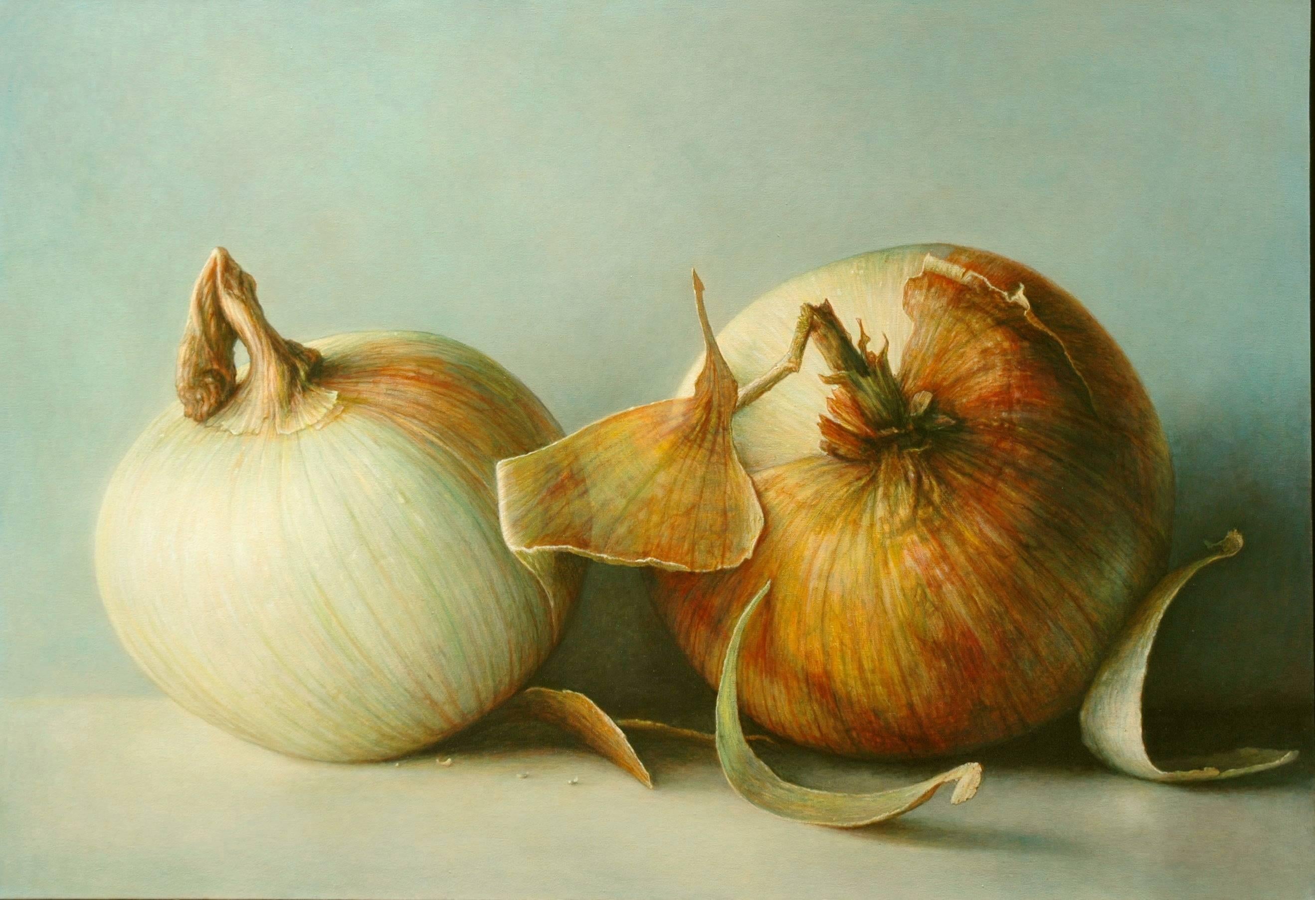 James Del Grosso Still-Life Painting - "Mulford Onions"  Large Highly Realistic Still Life, 2 Onions, Gray/Green Ground
