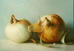 "Mulford Onions"  Large Highly Realistic Still Life, 2 Onions, Gray/Green Ground