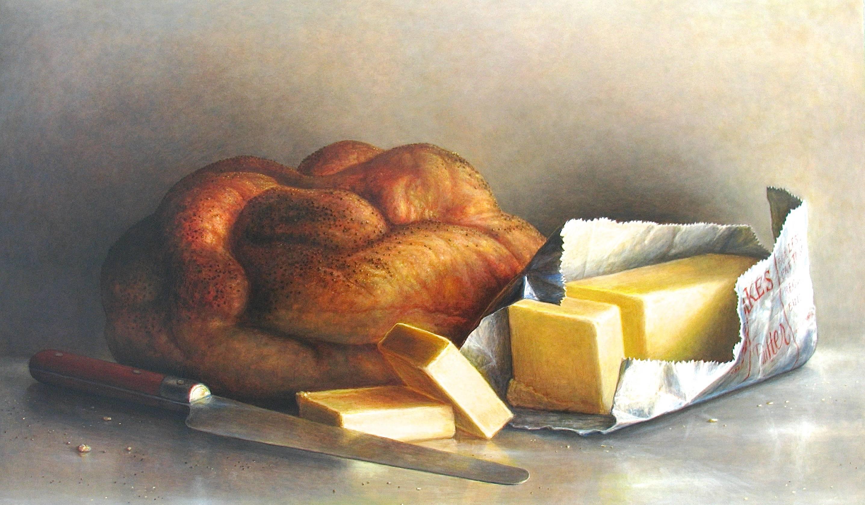 „Blatt und Butter“  Großes Stilleben mit Brot, Butter und Messer auf Grau/Braun  – Painting von James Del Grosso