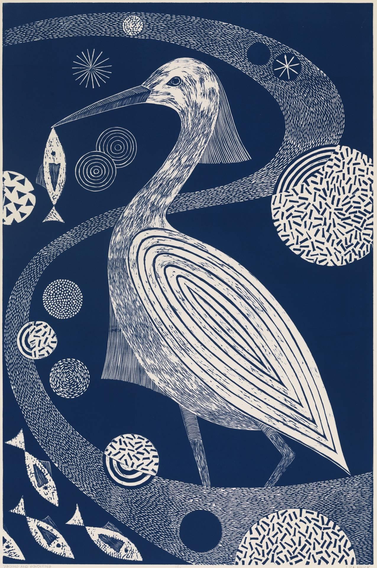 "Wading and Wondering"  Folk inspired Blue/White Linoleum Block  Print of Heron 