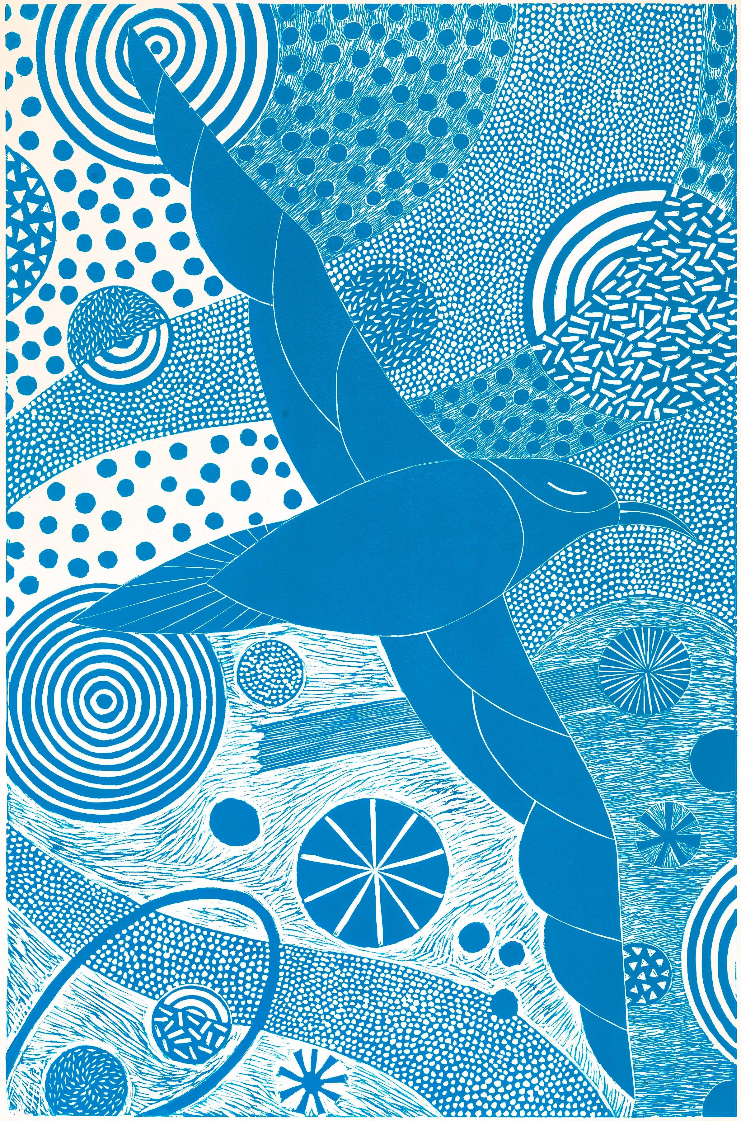 Animal Print Lisa Houck - « Flying and Fishing », impression de blocs de linoléum bleu d'inspiration folklorique représentant un oiseau en vol