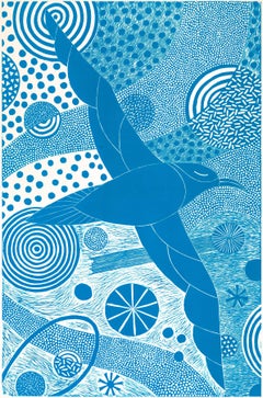 "Flying and Fishing, " Folk inspired Blue Linoleum Block Print of Bird in Flight