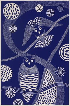 "Watching and Waiting, " Folk inspired Blue Linoleum Block Print of Owls