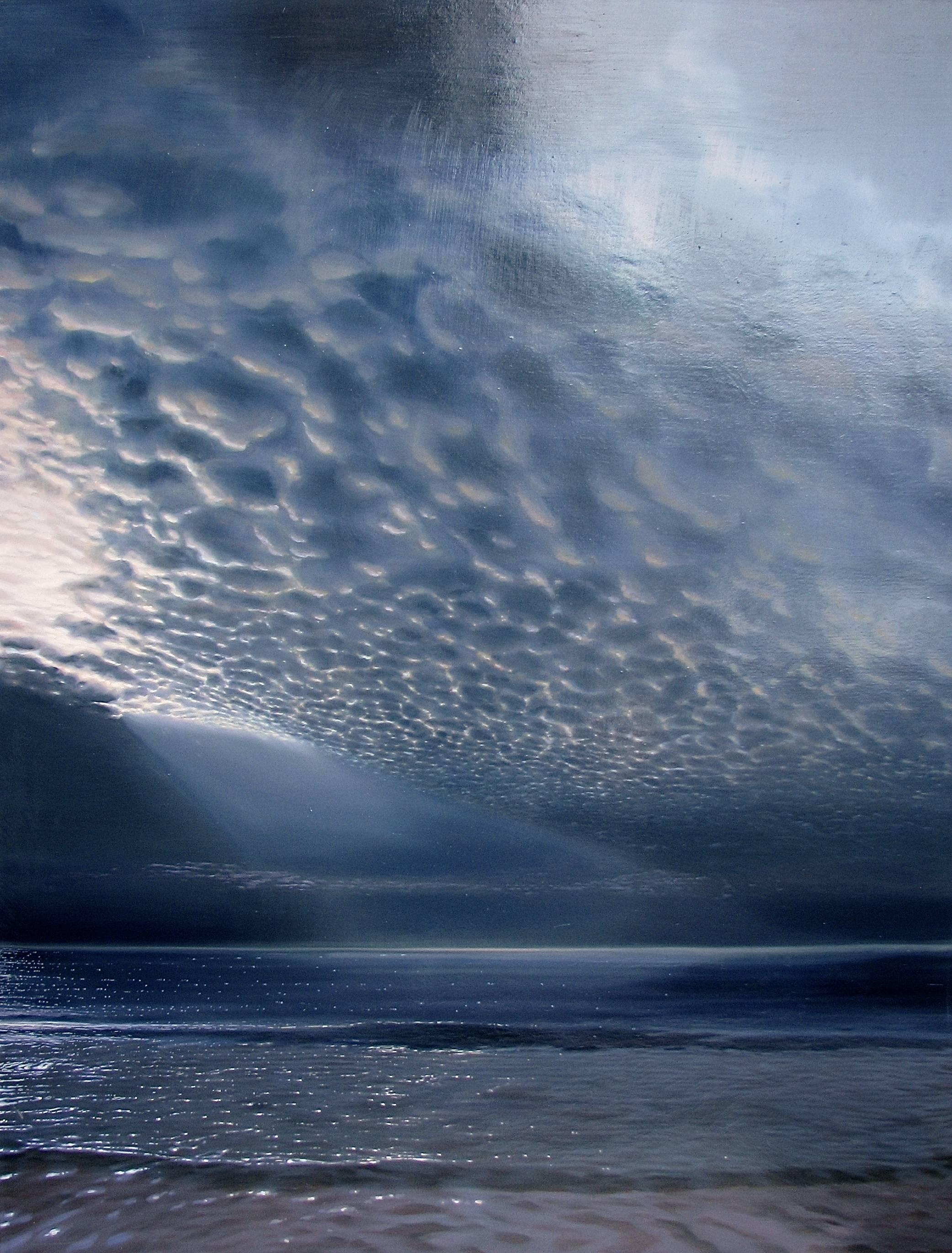 ""Mer et ciel au clair de lune""  Grand paysage de plage photoréaliste Bleu foncé/blanc 