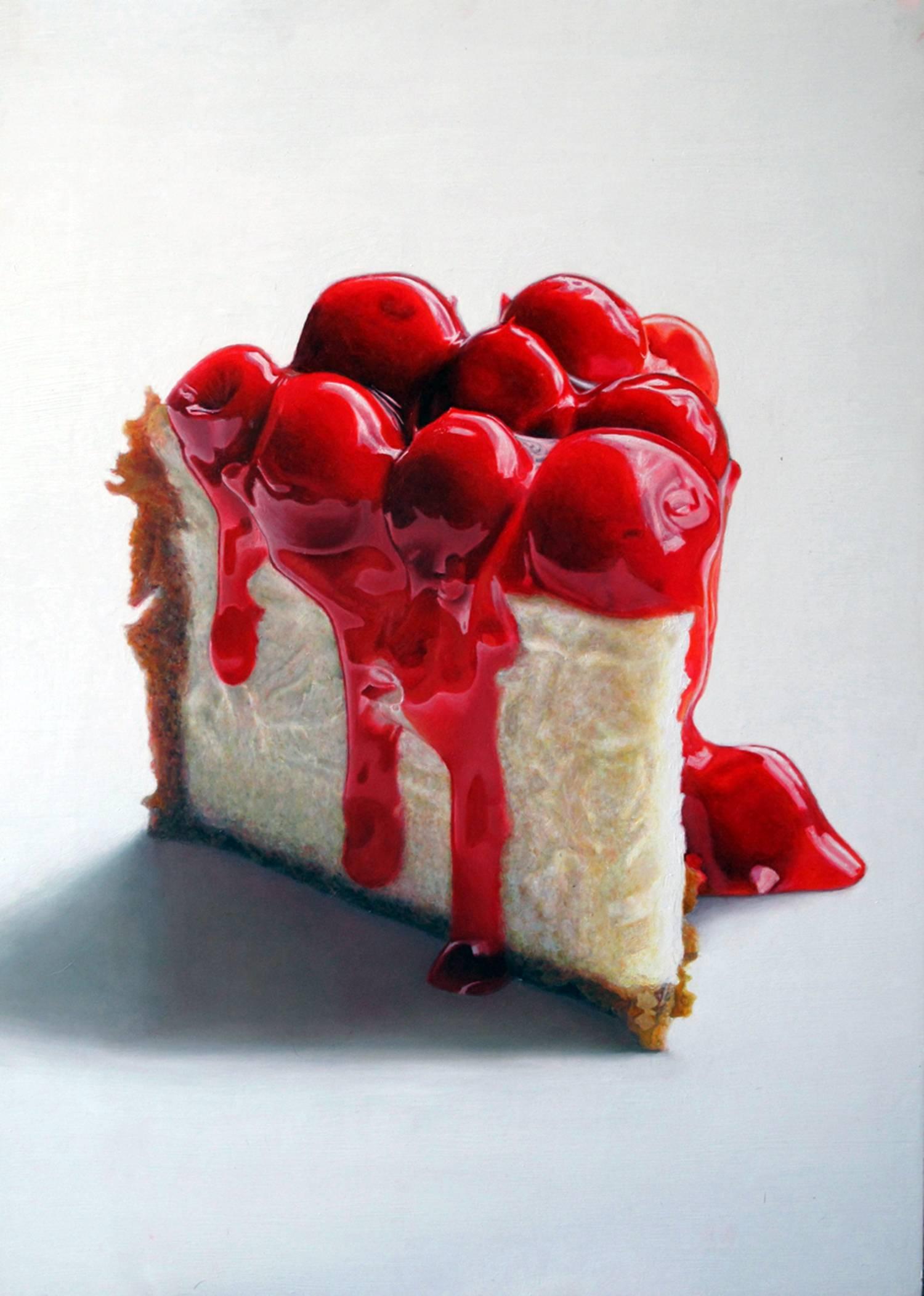 "Cherry Cheesecake"  Photo-Realist Still Life, Cheesecake Slice in Red and White