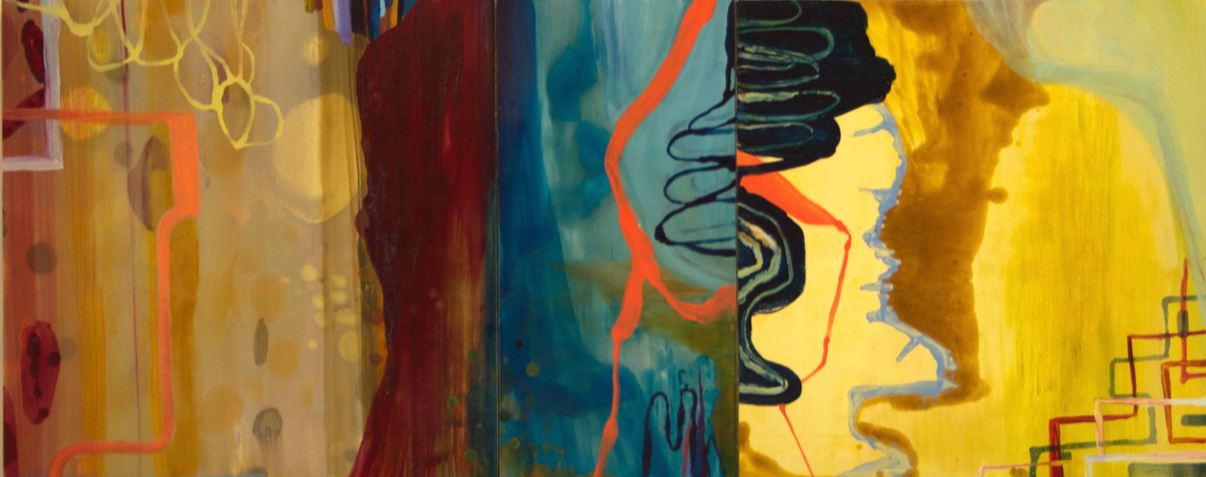 Abstract Painting Susan Sharp - ""Liminal""    abstraction horizontale en jaune, beige, orange, brun, noir, bleu