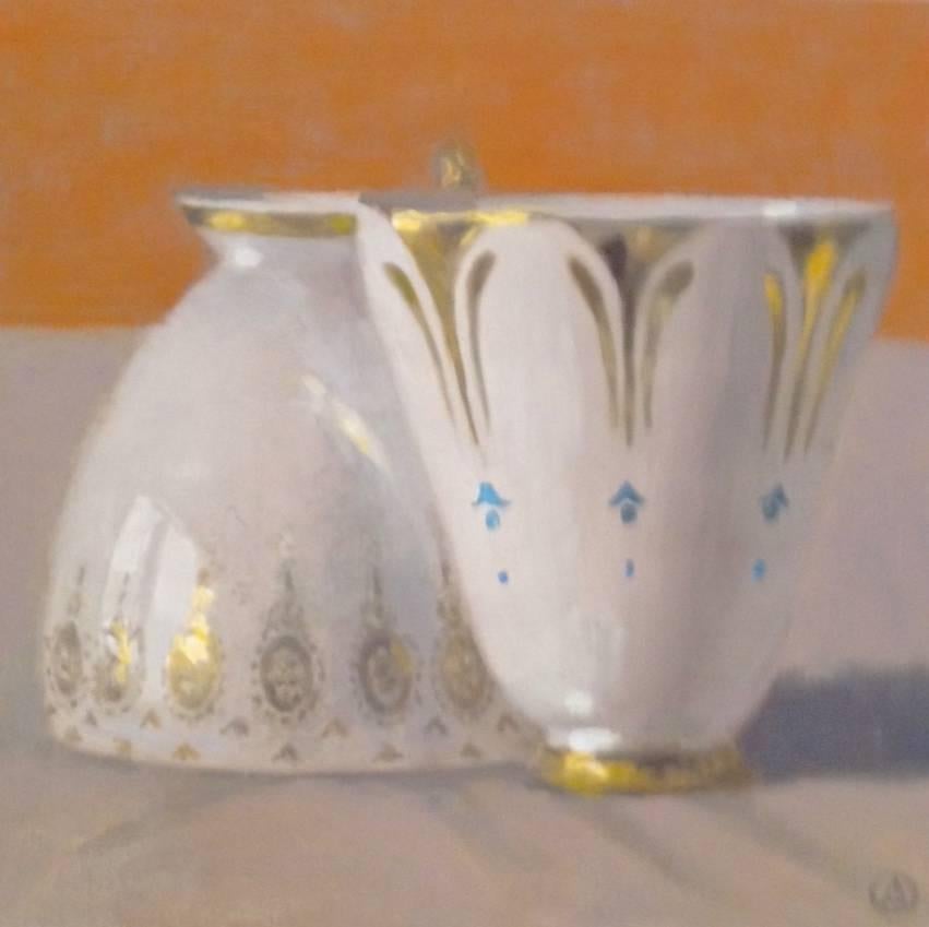 Olga Antonova Still-Life Painting - "Elegant Still Life of Two White, Gold and Blue Cups on Orange and Off White"