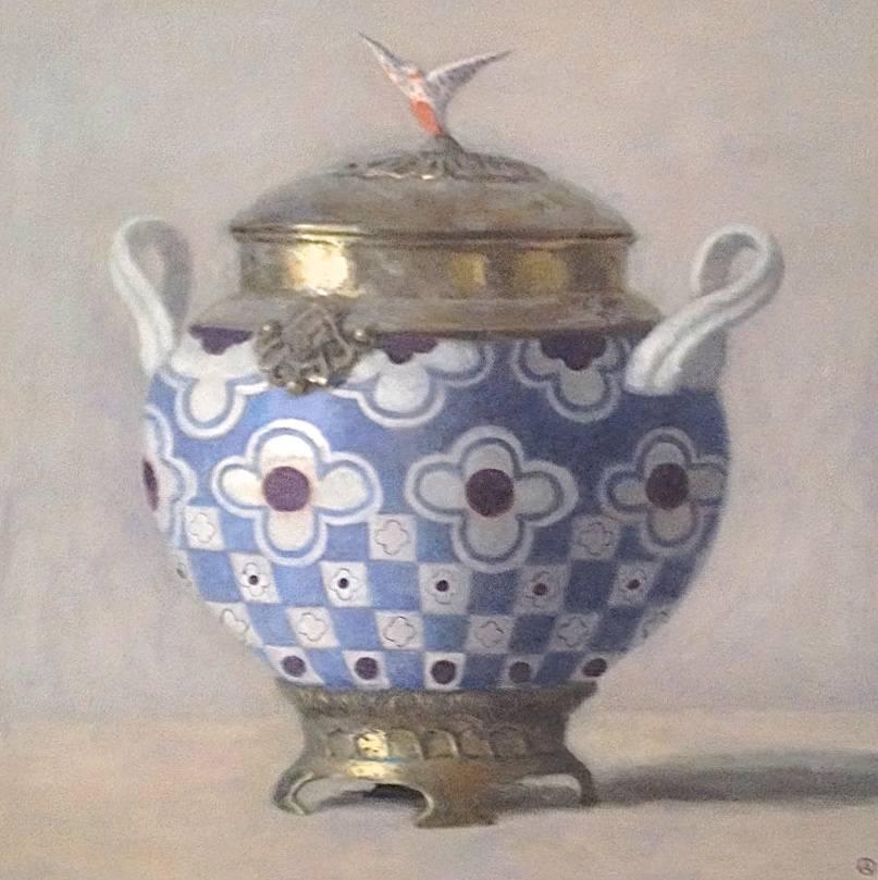 Olga Antonova Still-Life Painting - "Elegant Still Life of Blue, White, Burgundy and Silver/Gold Art Nouveau Vase"