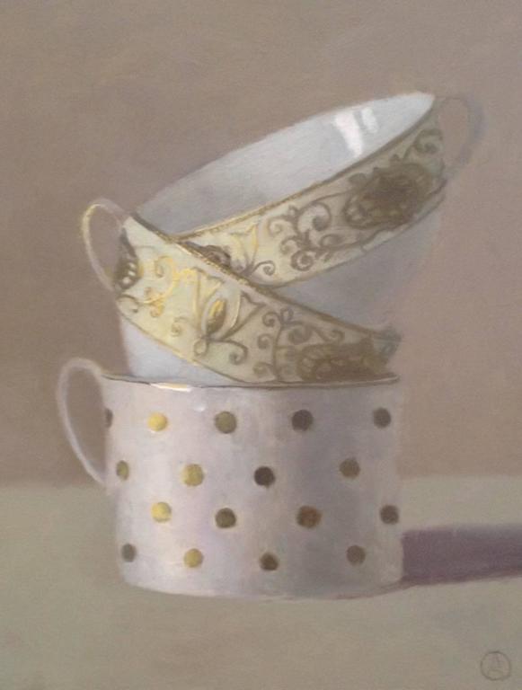 Olga Antonova Still-Life Painting - Three White and Gold Cups Stacked