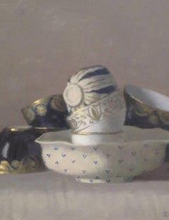 "Elegant Still Life, Composition with Six Cups and Bowl in Blue, White and Gold"