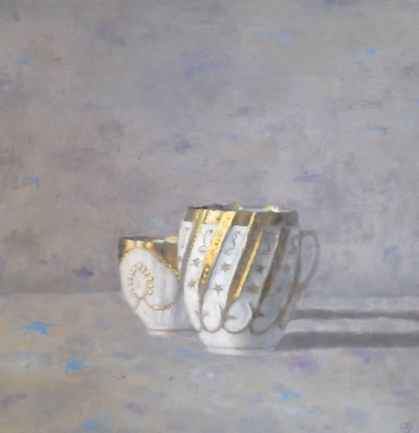 Olga Antonova Still-Life Painting - "Elegant Still Life of Two White and Gold Cups on Gray"