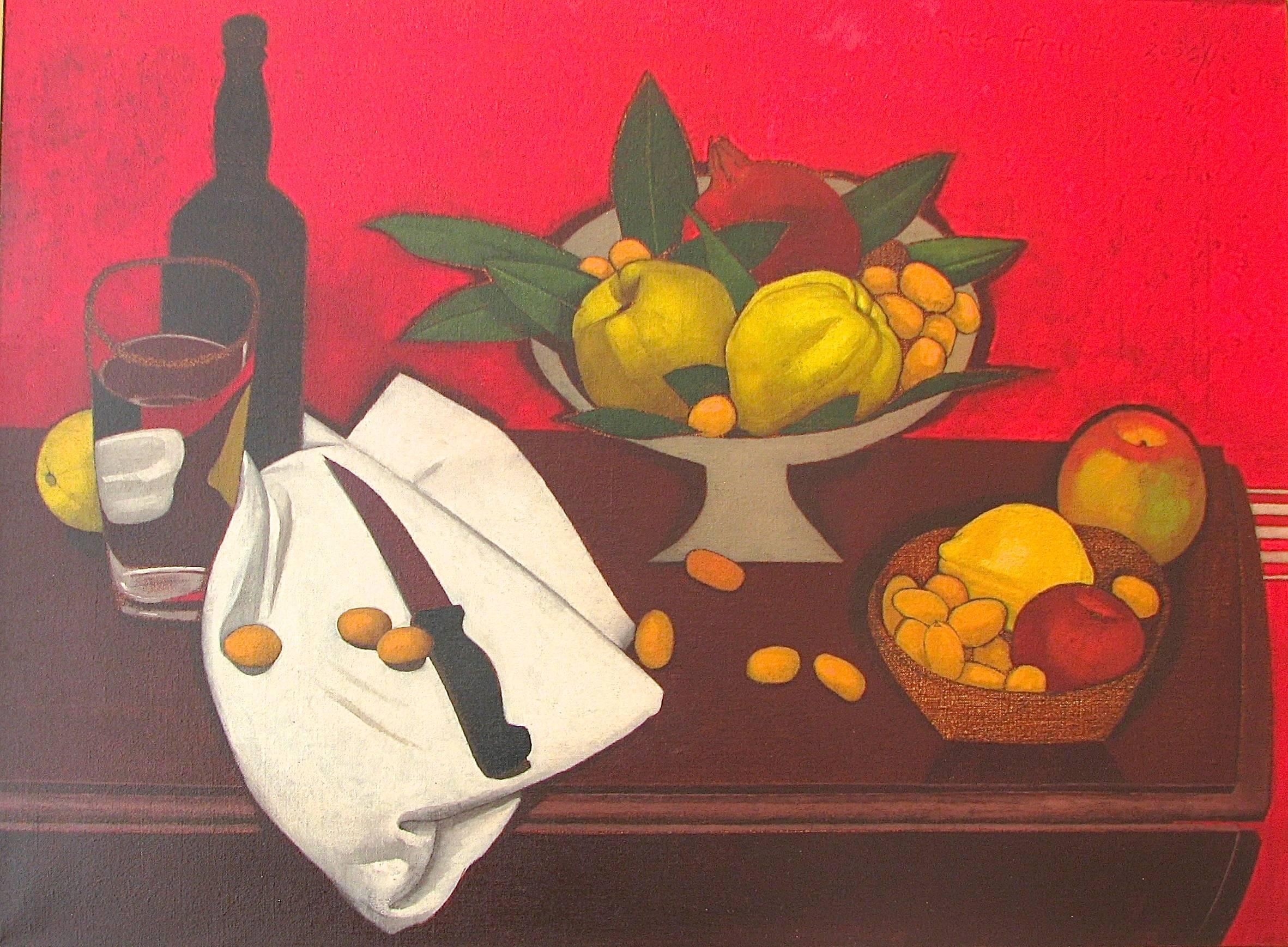 Charlotte Andry Gibbs Still-Life Painting - "Winter Fruit" Red Bright Still-Life Oil Paint Contemporary American Folk