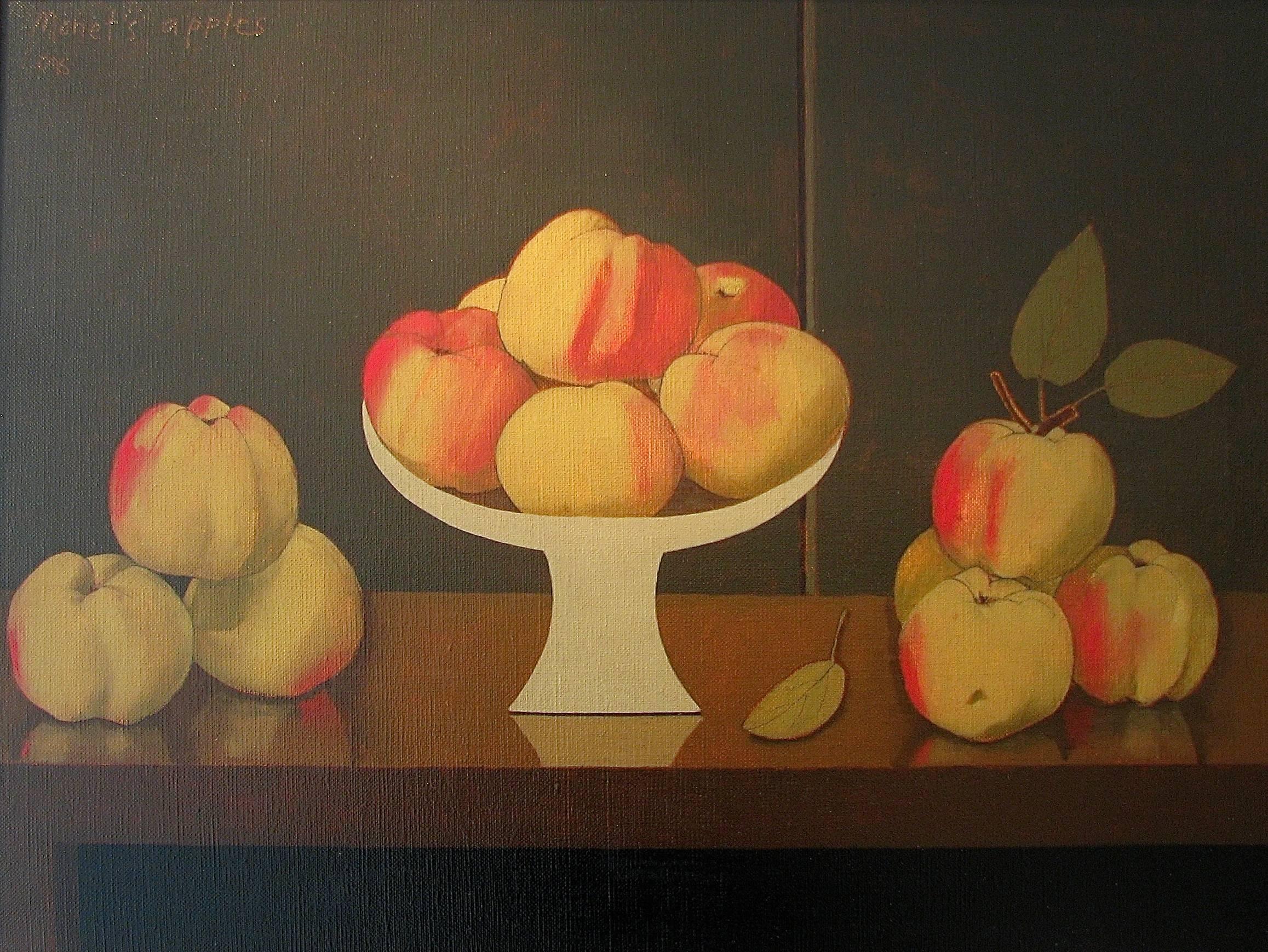 Charlotte Andry Gibbs Still-Life Painting - "Monet's Apples"   Still-Life Oil Painting Contemporary American Folk Green