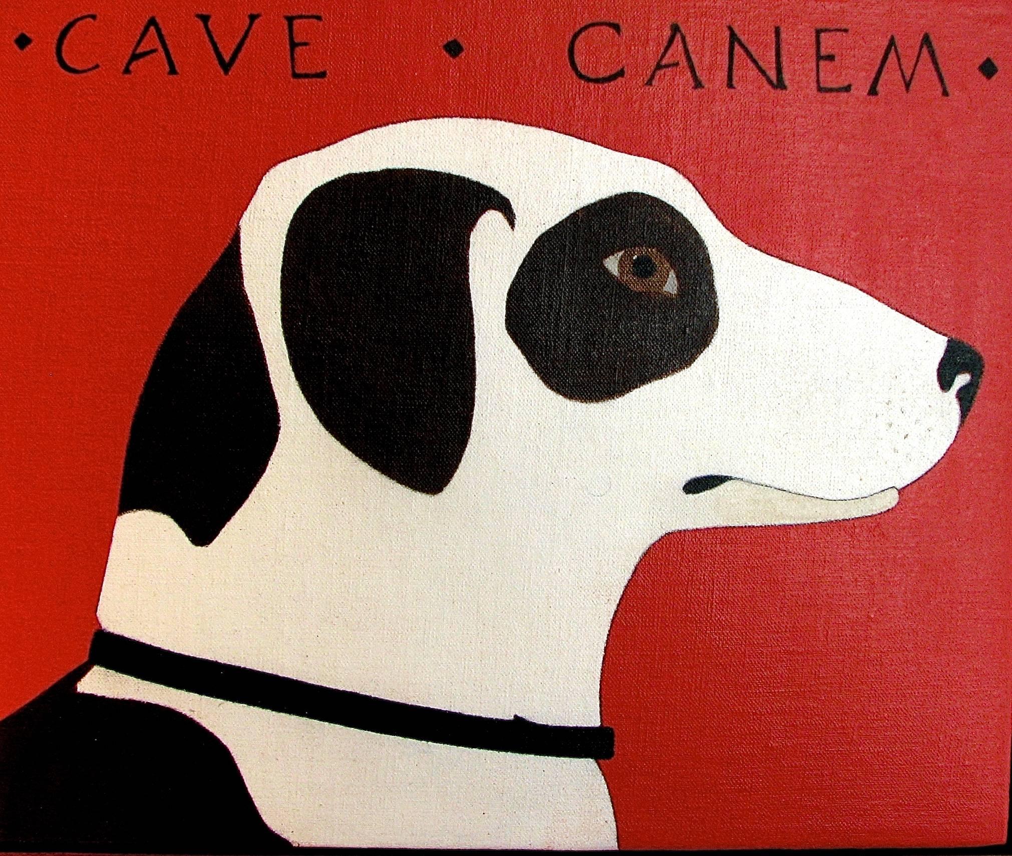 Charlotte Andry Gibbs Animal Painting - "Cave Canem" Dog Animal Oil Painting American Folk Red Minimal Contemporary