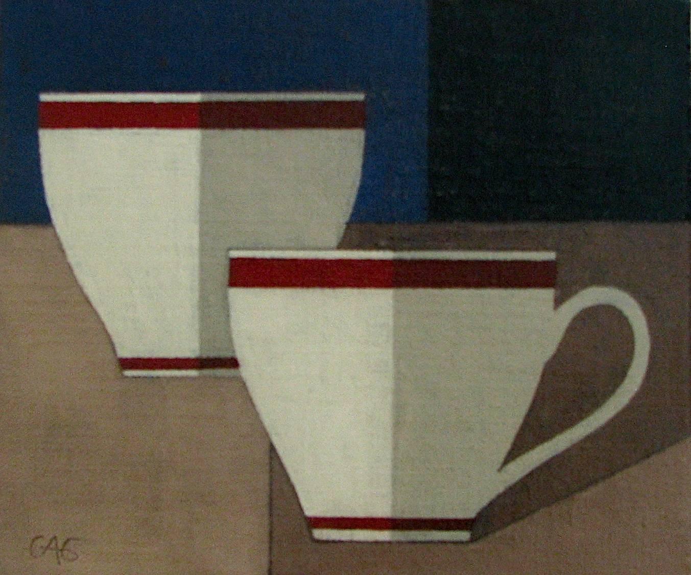 Charlotte Andry Gibbs Still-Life Painting - "Two Espressos" Still-Life American Folk Contemporary Minimal Oil Paint Red