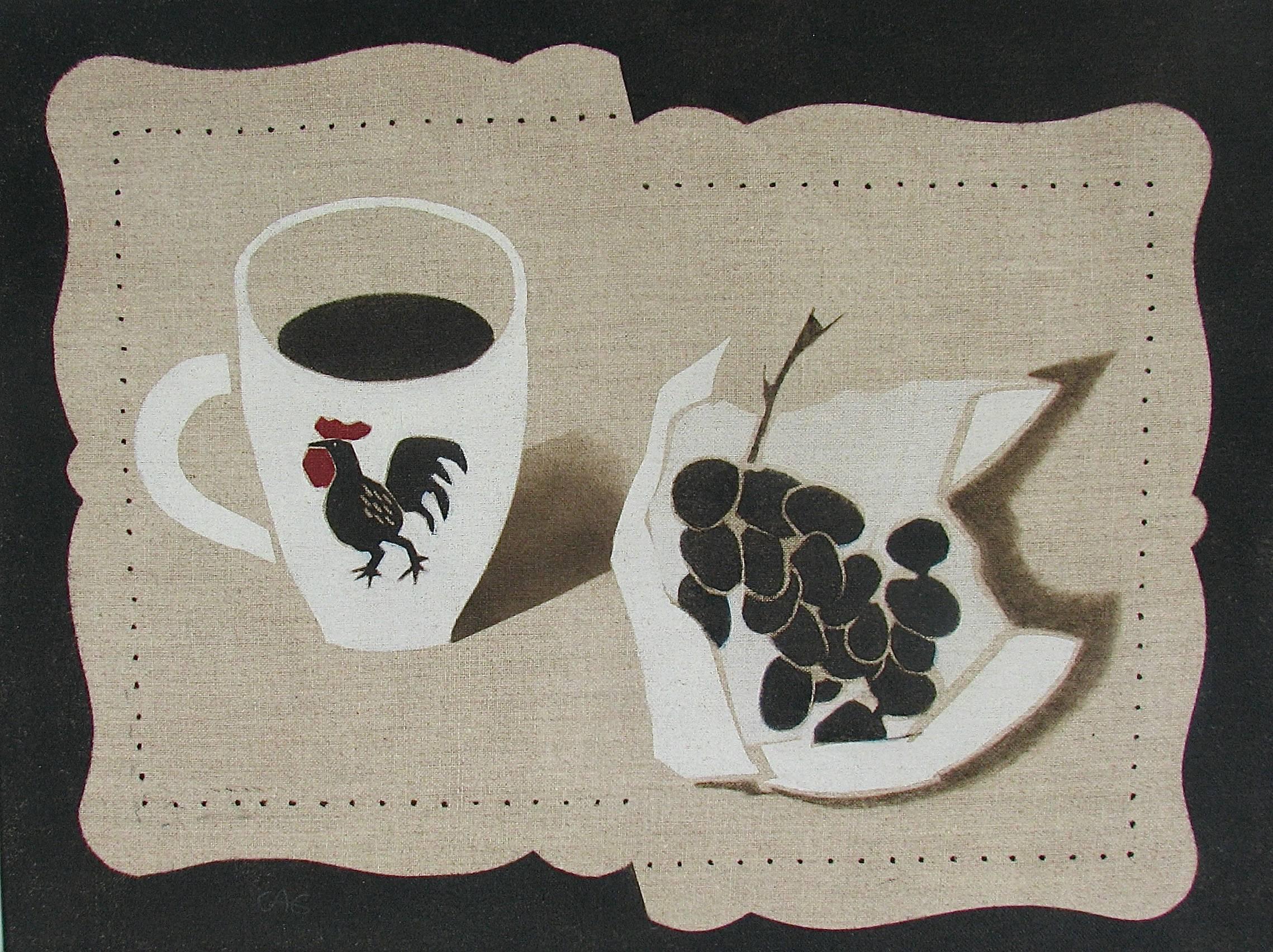 Charlotte Andry Gibbs Still-Life Painting - "Mug and Grape Stencil Cut" Still-Life Tan American Folk Oil Painting Minimal