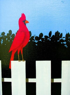 "Red Bird on Fence" American Folk Domestic Oil Paint Contemporary Bright Blue