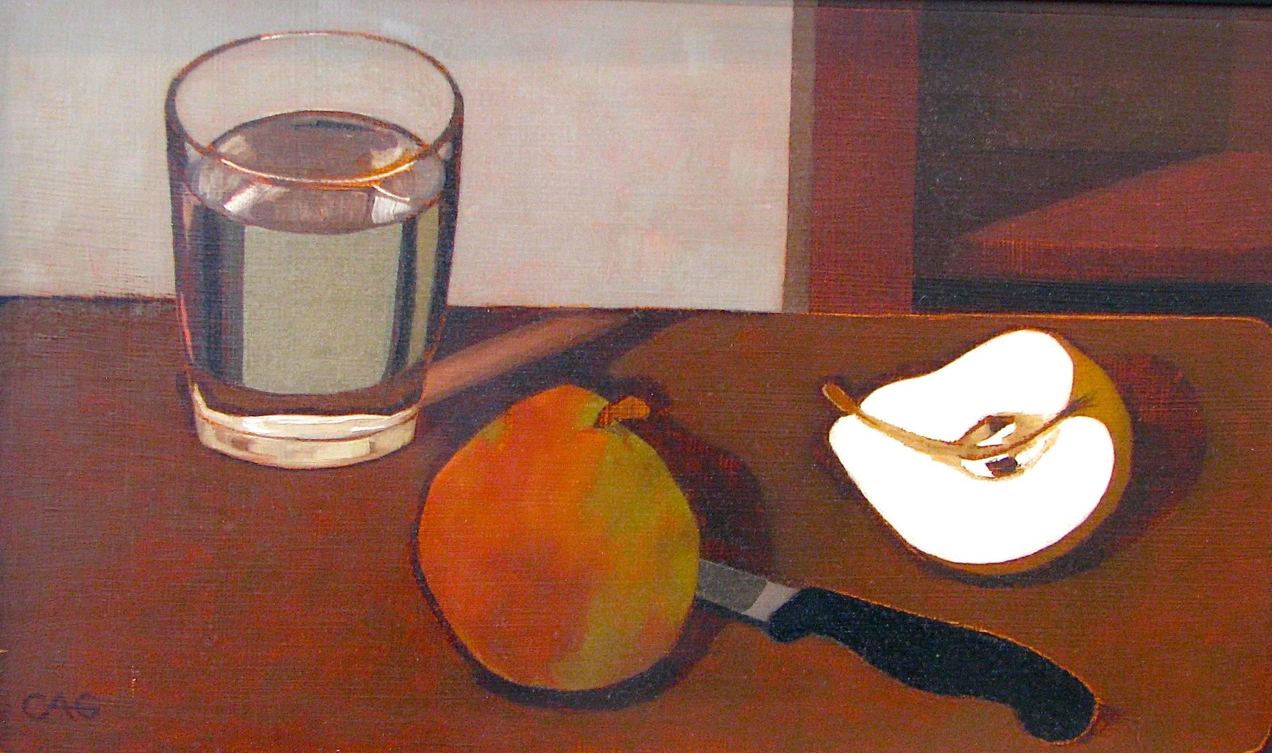 Charlotte Andry Gibbs Still-Life Painting - "Still Life with Pears, Knife, and Glass of Water" American Folk Red Oil Paint